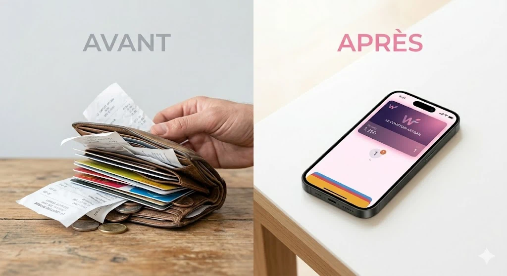 Avant : portefeuille encombré de cartes et tickets. Après : wallet mobile Walleett.